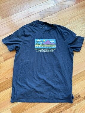 Life Is Good Black Graphic Tee with Colorful Mountain Panel